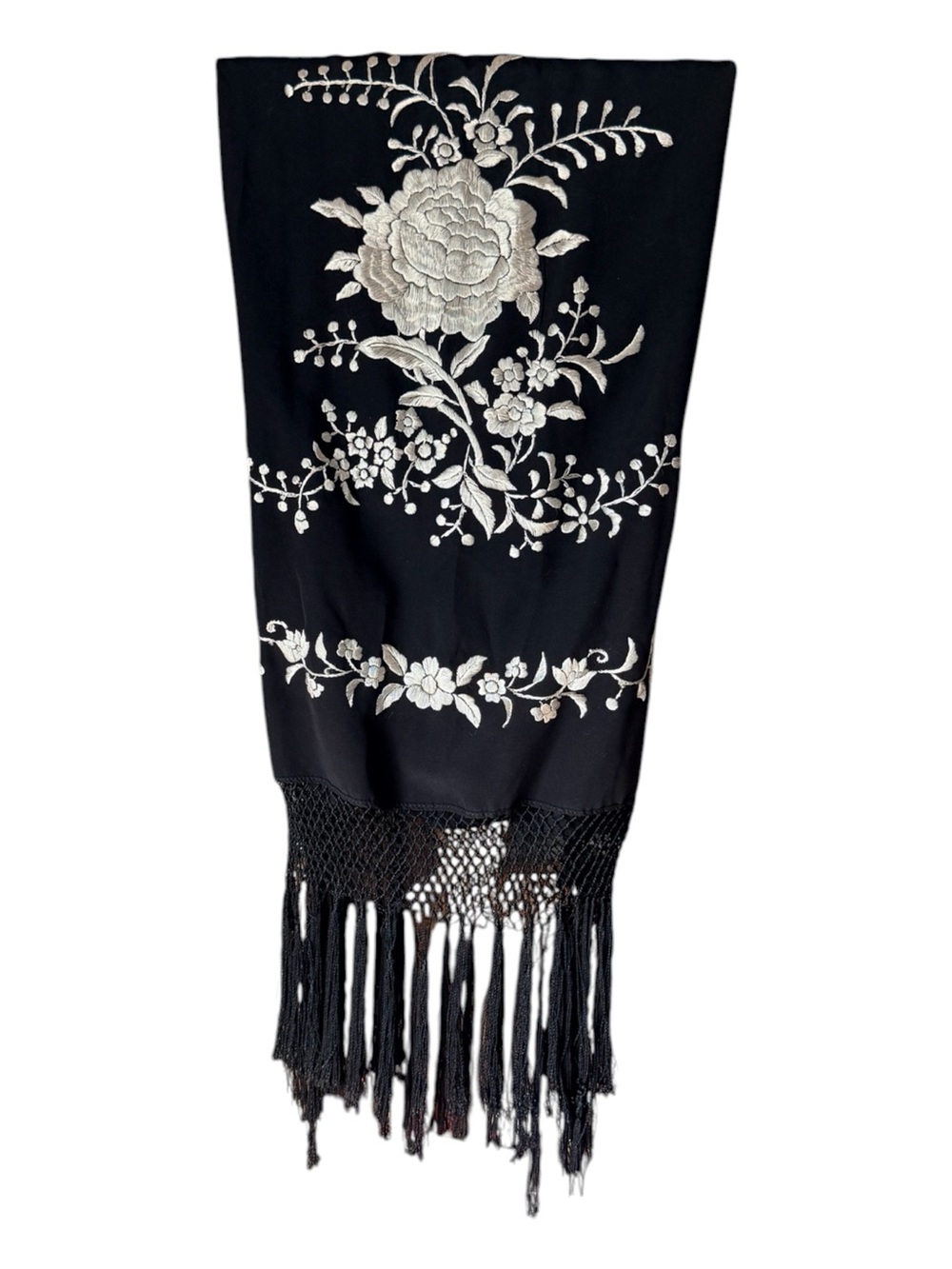 Black Silk Wrap with Silver Floral Embroidery and Long Fringe